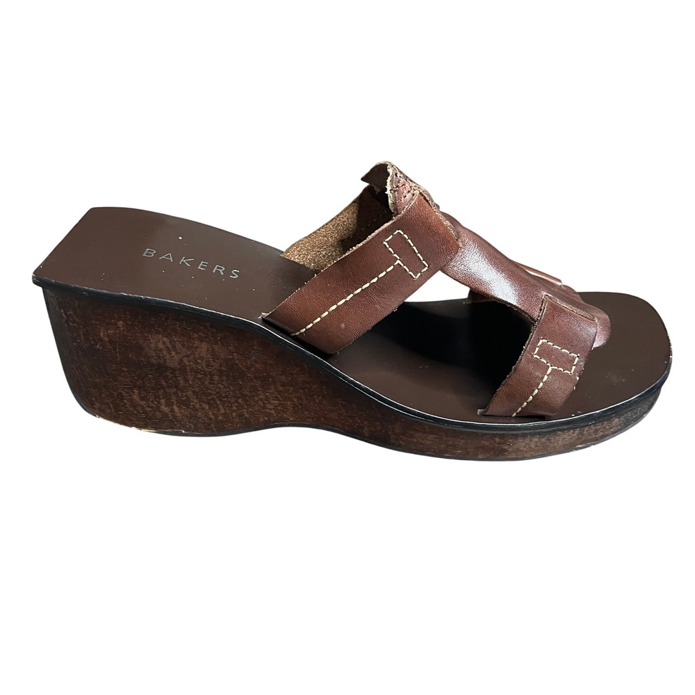 Bakers Womens Brown Leather Wedge Sandals Square Toe Platform Slides Size 10M